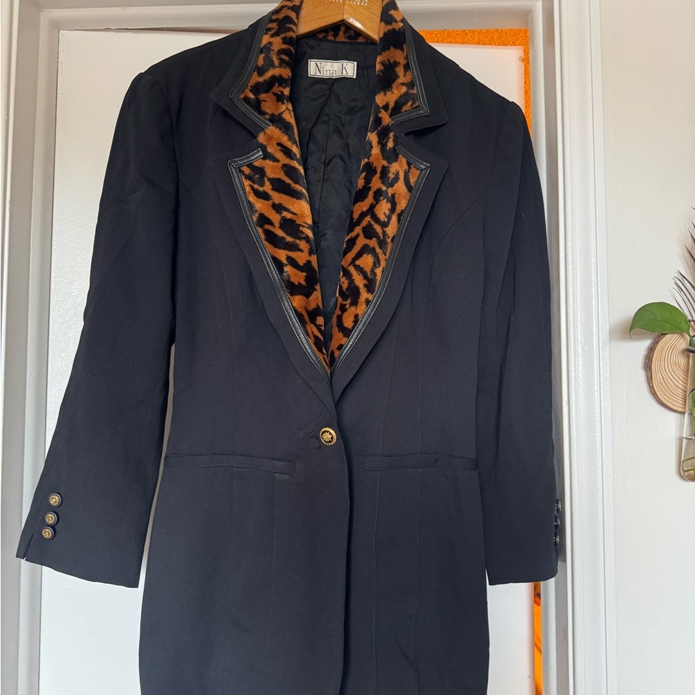 Nina K Black Blazer with Leopard Trim